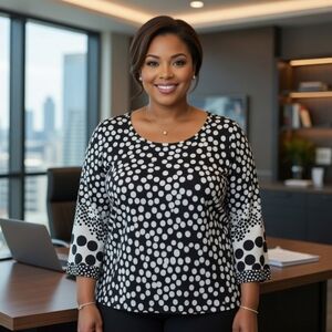 Laura Plus XL Petites Top 3/4 Bell Sleeve Polka Dot Print Navy Dark Blue Women